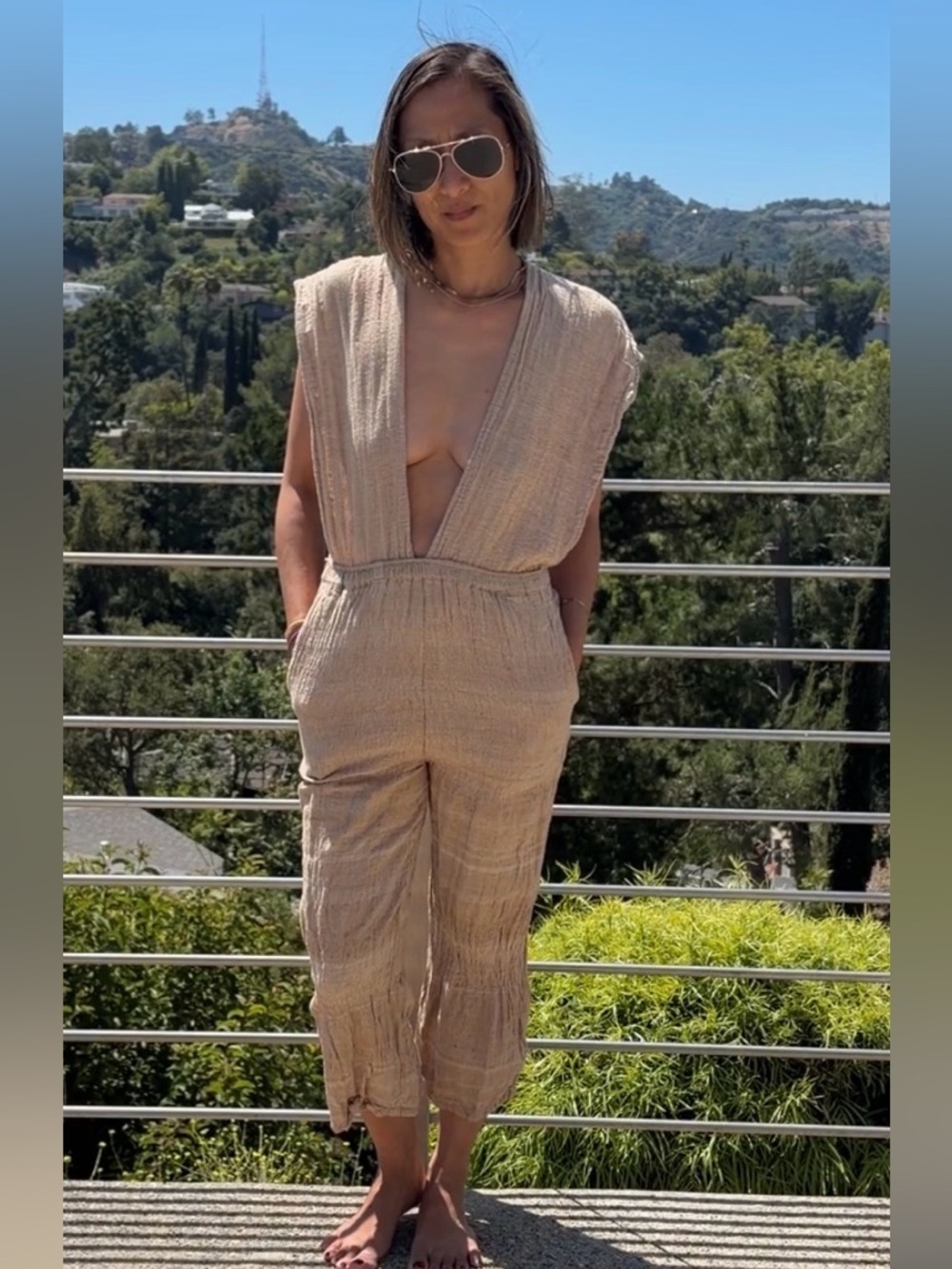 Sleeveless Deep V-Neck Beige linen Jumpsuit size small Festival wear